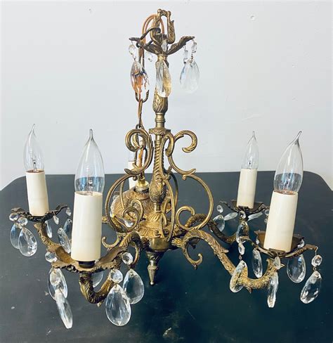 Vintage Mid Century Ornate Brass Crystal Chandelier Light Etsy