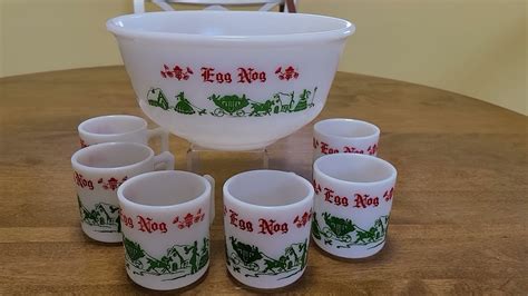 Vintage Tom And Jerry Milk Glass Punch Bowl Egg Nog Set Hazel Atlas