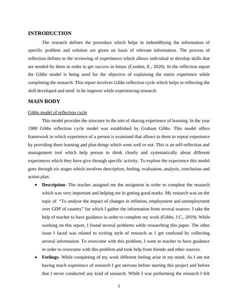 Reflective Report On Gibbs Model Of Reflection Cycle