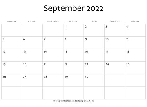Fillable September Calendar 2022 Horizontal