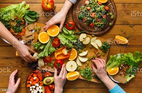 Dinner Table Women Eat Healthy Food At Home Kitchen Stock