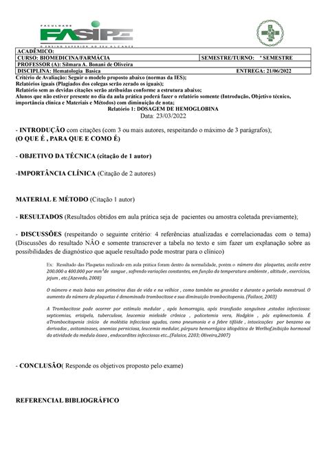 Modelo Relatório N3 2°a Farmácia AcadÊmico Curso Biomedicina