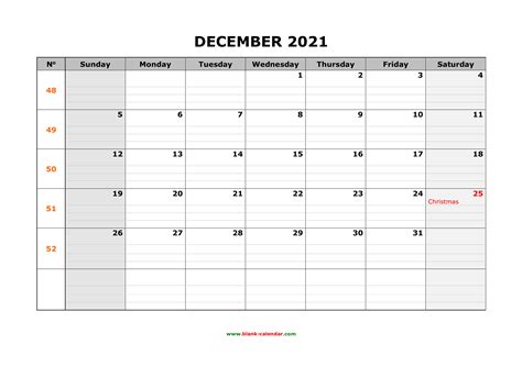 Free Download Printable December 2021 Calendar Large Box Grid Space