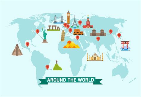 Travel Landmarks On World Map Vector Illustration By Microvector
