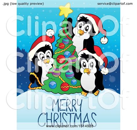 Clipart Of A Merry Christmas Greeting With Penguins Decorating A Tree