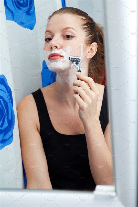 Funny Girl Shaving Her Face Containing Shaver Shaving And Foam