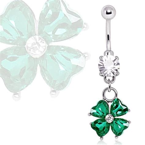 316L Surgical Steel Navel Ring With Four Leaf Clover Dangle Belly