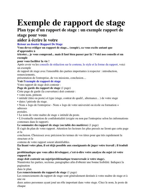 Texte Rapport De Stage Rapport De Stage Exemple Succed