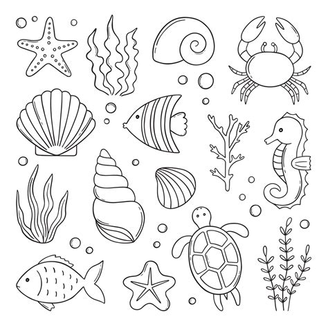Set Of Sea Life Doodle Underwater Elements Shells Fish Corals And