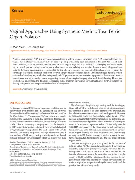 Pdf Vaginal Approaches Using Synthetic Mesh To Treat Pelvic Organ Prolapse