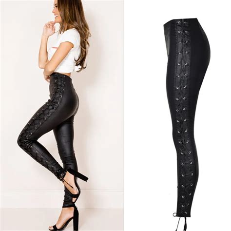 women sexy imitation leather skinny pants side lace up elastic trousers woman high waist black