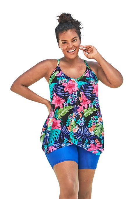 Swimsuits For All Women S Plus Size Longer Length Mesh Tankini Top Black Tropical Floral