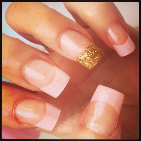 Acrylic nails, pink tips & 1 gold glitter tip! | Nails ... Dip the dotting tool in white acrylic color and make the polka dots.