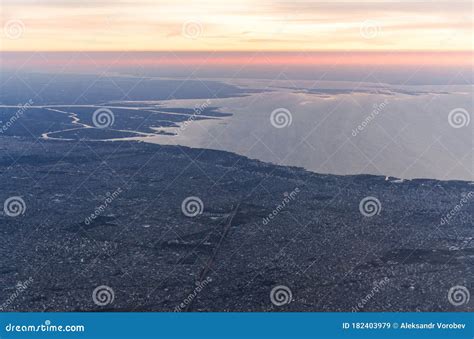 Landscape Aerial Sunrise View Of Buenos Aires And River Plate