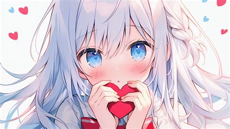 Download Wallpaper 1920x1080 Girl Blush Heart Bow Anime Full Hd