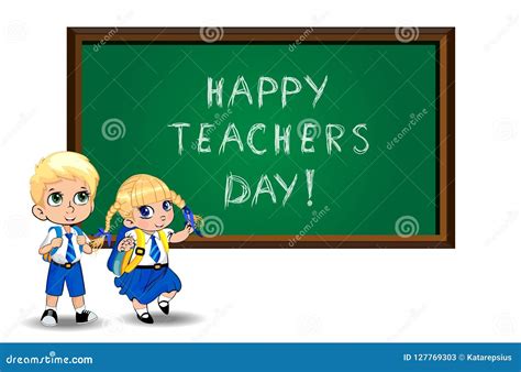 Happy Teachers Day Illustration Of Cartoon Students Near Blackboard On