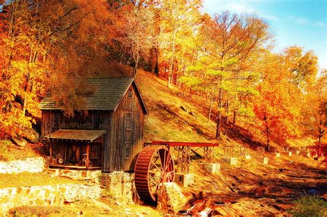 Grist Mill In Autumn Fall Leaves Colors Creek Trees Hd Wallpaper