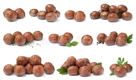Set With Tasty Cooked Meatballs On White Background Stock Photo Image