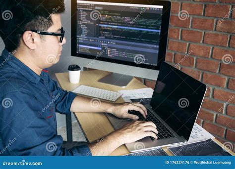 Asian Man Working Code Program Developer Computer Web Development