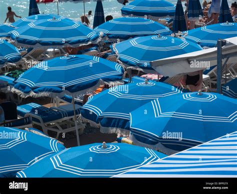 Blue Beach Umbrellas Nice France Stock Photo Alamy