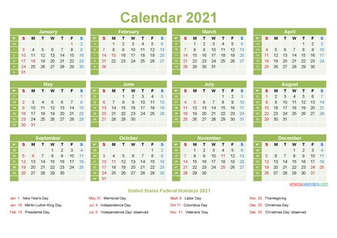 Printable Yearly 2021 Calendar With Holidays Word Pdf