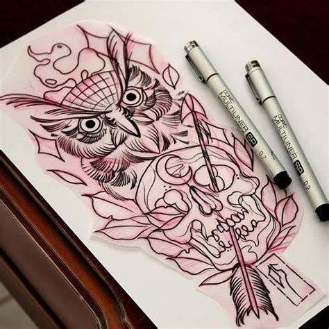 Custom Tattoo Antalya — Neo Traditional Owl And Skull Sketch