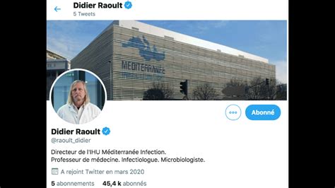 Jan 29, 2021 · c'est sur son compte twitter que didier raoult a partagé les nouvelles données de l'ihu méditerranée infection. Le professeur Didier Raoult crée un compte Twitter pour ...