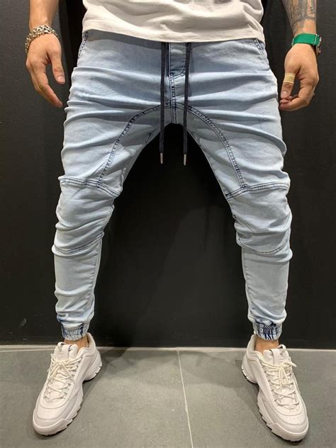 Product Features Mens Streetwear Denim Jeans Blue Jogger Jeans Washed Denim Skinny Fit