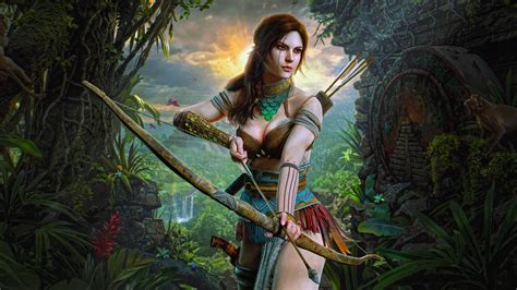 Картинки девушка амазонка Lara Croft Art лес природа обои 2560x1440 картинка №472273