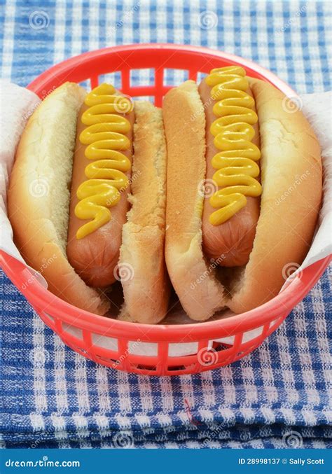 Hot Dogs With Mustard Stock Image Image Of Basket Condiment 28998137