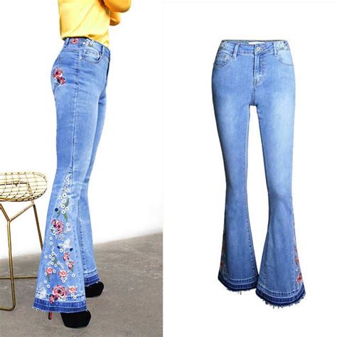 Flower Embroidery Flare Jean Woman Stretching Plus Size Bell Bottoms Jeans For Women Girls Wide