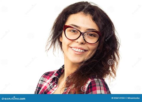 Nerd Girl In Glasses And With Brackets On Teeth Positive Excel Stock