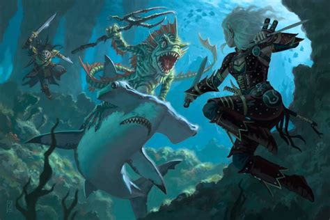 Sharks And Sahuagin Combat Art Fantasy Illustration Creatures