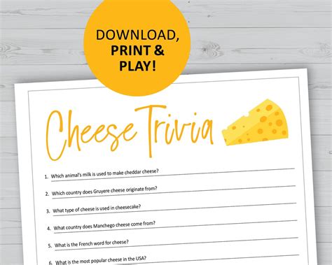 Cheese Trivia Game Printable Instant Download Party Games Questions