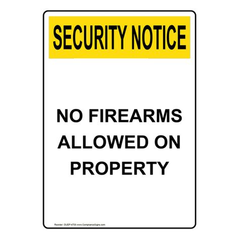 Vertical No Firearms Allowed On Property Sign Osha Security Notice