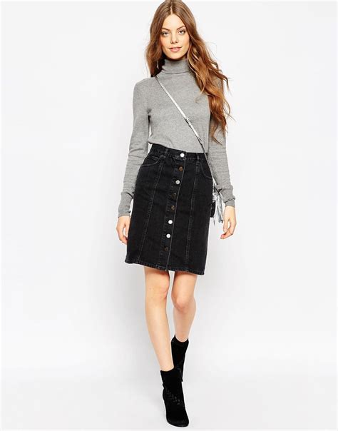 Denim Polly A Line Button Through Midi Skirt In Washed Black 4255