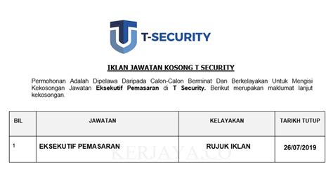 Jawatan kosong kerani sekolah 2016, polis bantuan bsn, jawatan kosong kelindan lori batu pahat, jawatan kosong security sandakan, jawatan kosong pemandu peribadi datin. Jawatan Kosong Terkini T Security ~ Eksekutif Pemasaran ...
