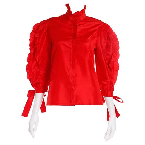 Louis Feraud Vintage Red Silk Satin Ruffled Blouse For Sale At 1stdibs