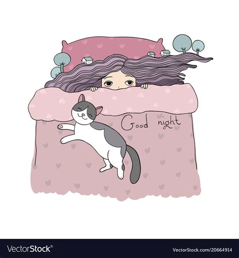 Girl And Cats Good Night Sweet Dreams Vector Illustration Bed Time