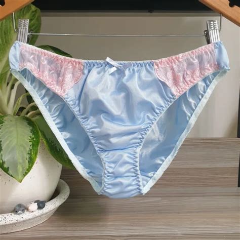 Vintage Silky Nylon Panties Sheer Blue Bikini Pink Lace Brief Size 9