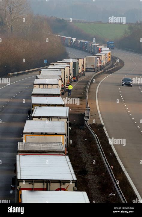 Lorries Parked In Operation Stack On The M20 Near Ashford Kent As Delays Continue Into The