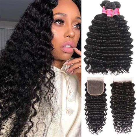 Supwig Brazilian Hair Deep Wave Virgin Hair 3 Bundles With 4 By 4 Inch