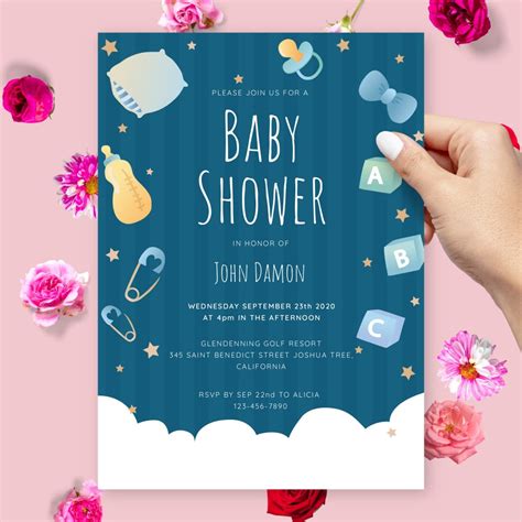 Once you know who to invite to the baby shower, it is easy to create baby shower invitations online free of charge. Fluffy Cloud Blue Baby Shower Invitation Template Online Maker