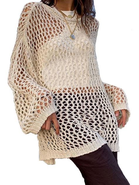 Women Hollow Out Crochet Sweater Vintage Fairycore Grunge Smock Knit
