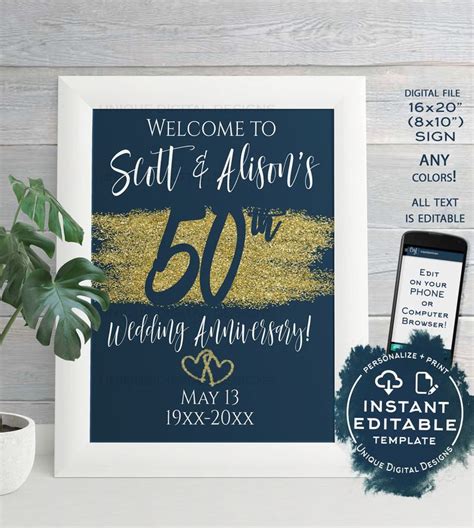 Editable 50th Anniversary Welcome Sign Any Color Year Wedding Etsy