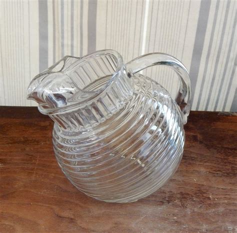 Vintage Glass Pitcher Tilted Ball Clear Ribbed Art Deco Mid Century 30 S 40s S 50 S Kitchen