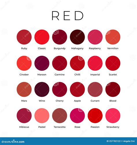 Red Color Shades Swatches Palette With Names Stock Vector