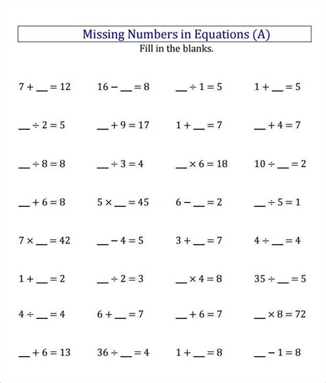 Missing Numbers In Equations Worksheet