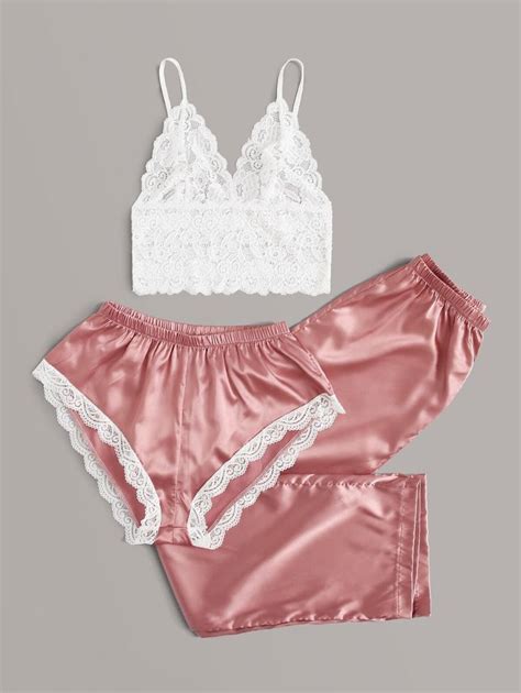 3pcs Floral Lace Bralette With Satin Shorts And Pants Set Floral Lace Bralette Lace Bralette