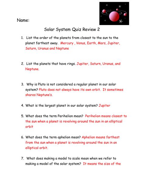 Name Solar System Quiz Review 2 List The Order Of The Planets From